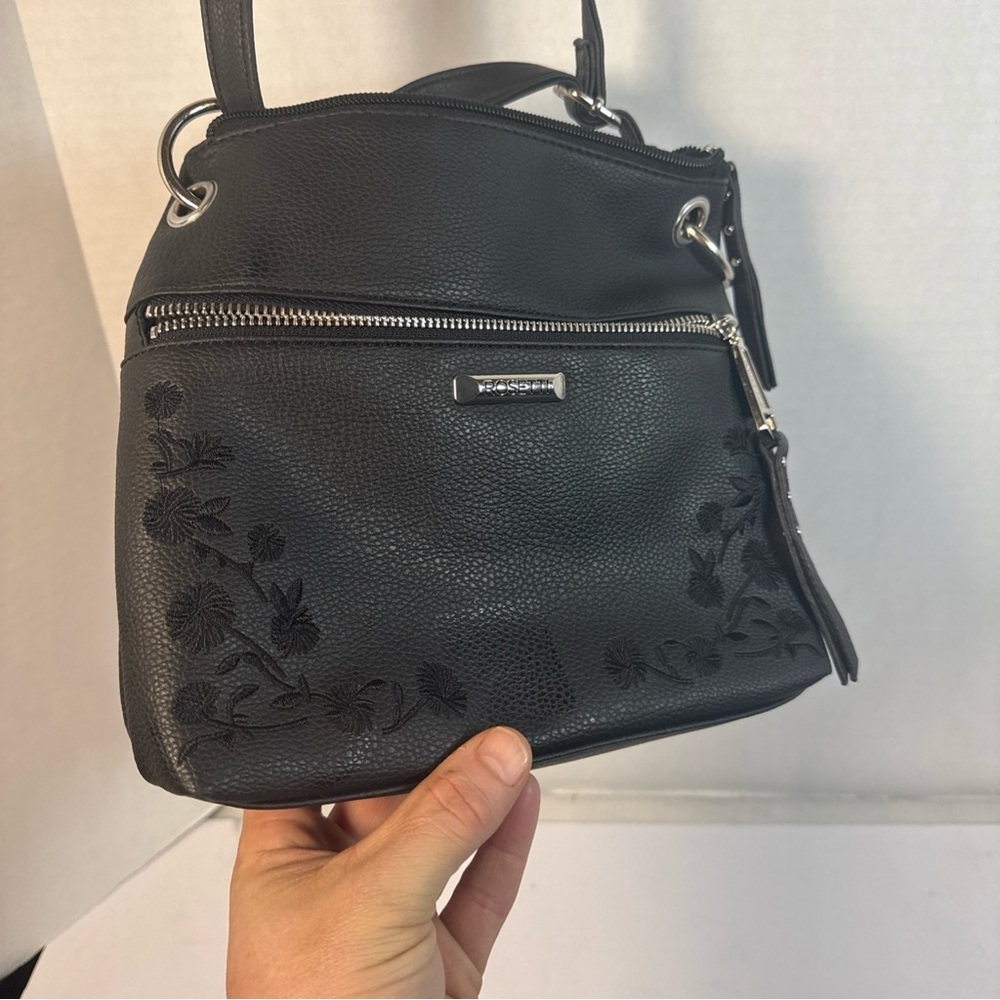 Rosetti Bodhi Handbag Floral Embroidery Mini Crossbody Bag Black Faux Leather